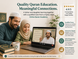 A father and daughter sitting at a laptop, taking an interactive class with a qualified tutor from a highly-rated Online Quran Academy.